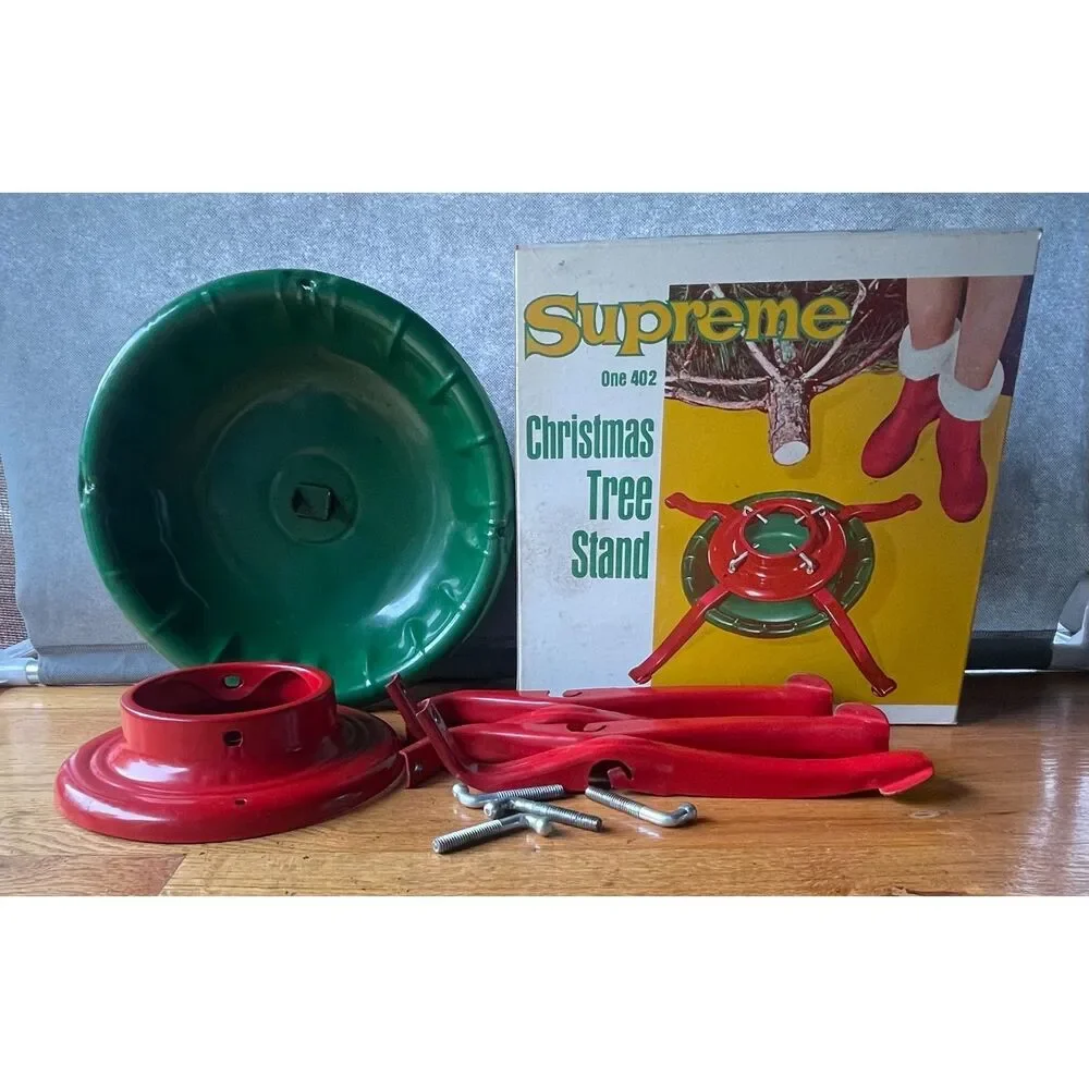 Vintage Supreme One 402 Christmas Tree Stand Complete w/ Box Red Green Steel USA